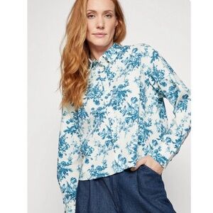 GAP X LOVE SHACK FANCY Cropped Shirt Blue Toile Floral, Size M Medium